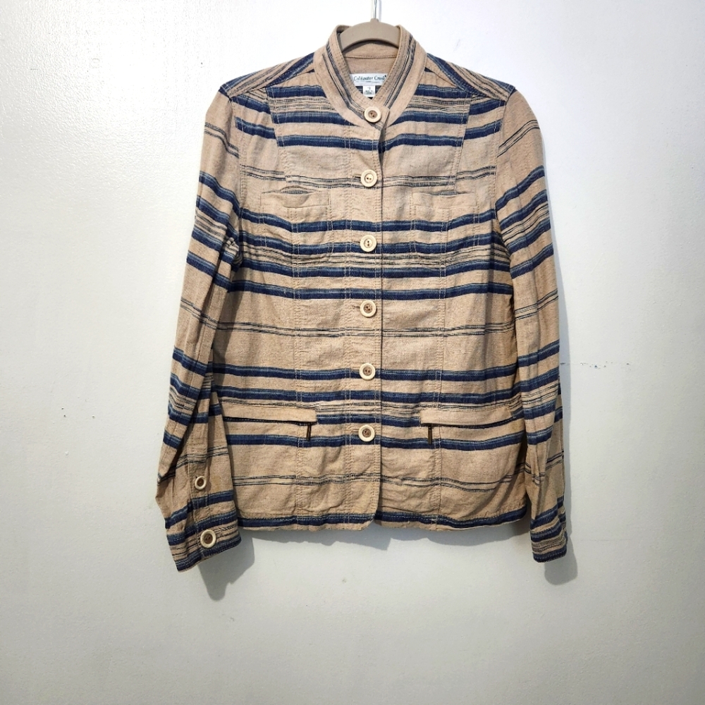 Coldwater Creek 10 Linen Cotton Tan Blue Stripe Jacket Blazer Pockets Coastal